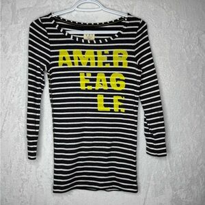 American Eagle Y2K Striped Bold Logo Fitted 3-4 Sleeve Preppy Schoolgirl Top Tee